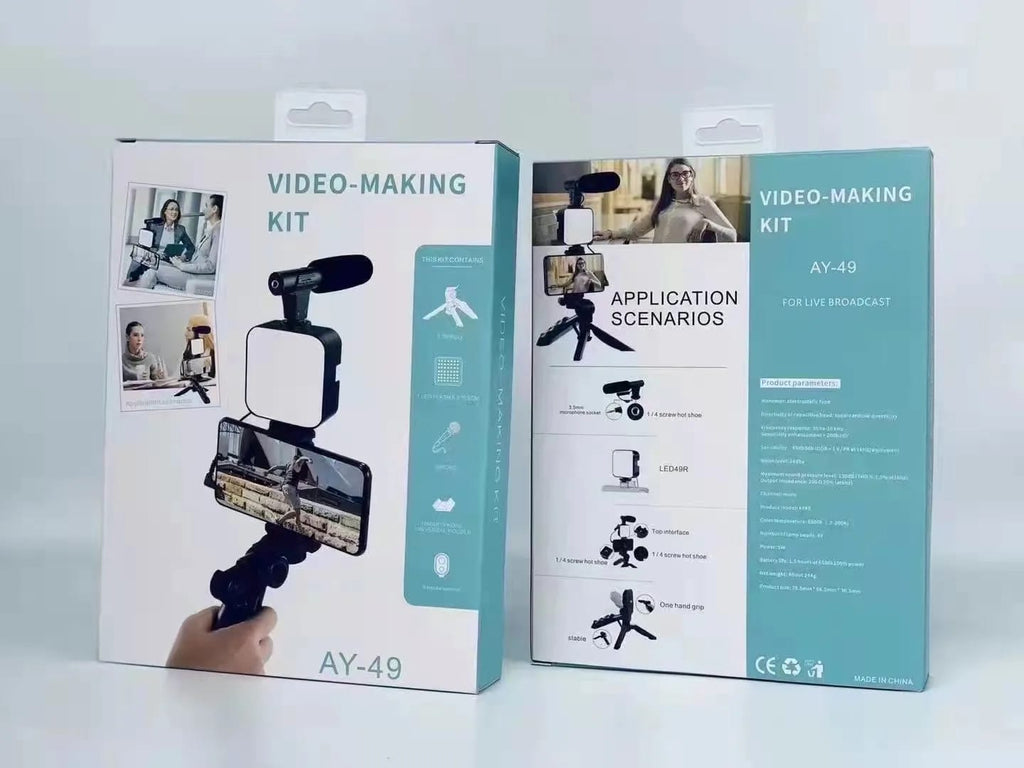 AY-49 Vlogger Kit | LED Fill Light, Microphone, Mini Tripod & Mobile Holder for YouTube, TikTok & Video Recording