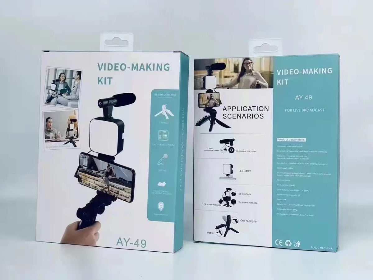 AY-49 Vlogger Kit | LED Fill Light, Microphone, Mini Tripod & Mobile Holder for YouTube, TikTok & Video Recording