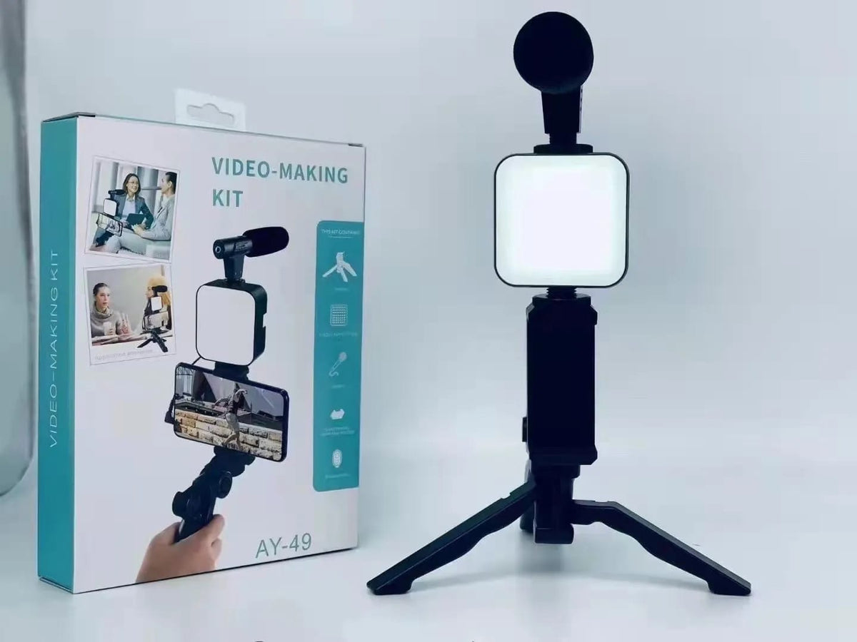 AY-49 Vlogger Kit | LED Fill Light, Microphone, Mini Tripod & Mobile Holder for YouTube, TikTok & Video Recording
