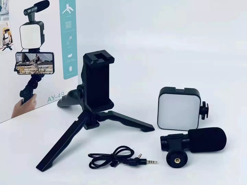 AY-49 Vlogger Kit | LED Fill Light, Microphone, Mini Tripod & Mobile Holder for YouTube, TikTok & Video Recording