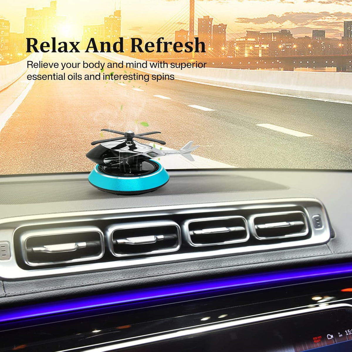 Solar Powered Helicopter Car Aroma Diffuser | Dashboard Air Freshener | Refillable Perfume Decor | Metal & ABS