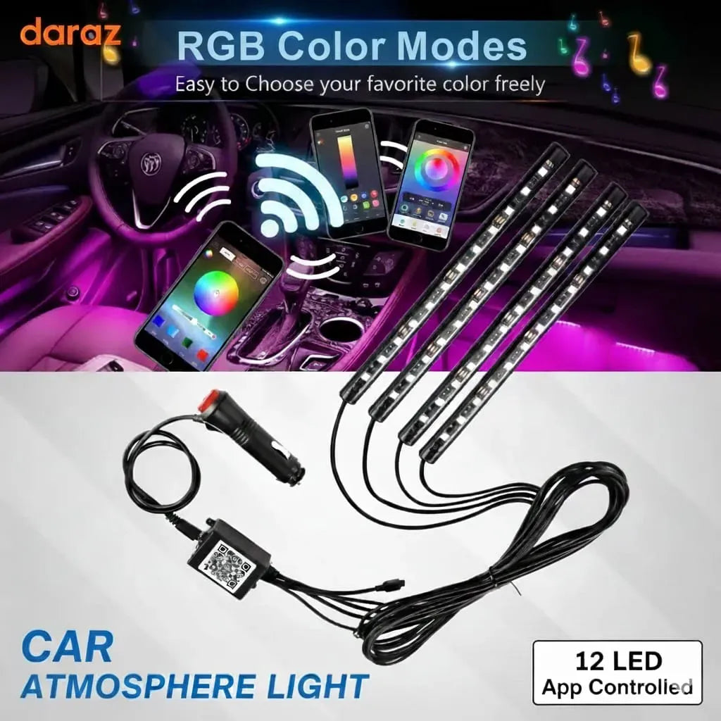 Car Atmosphere Light 12 LED | Smart RGB Ambient Interior Lighting | App-Controlled Footwell Light | 12V
