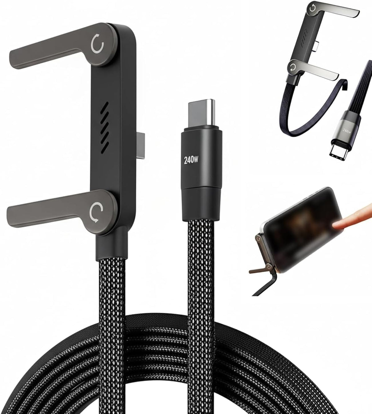 2-in-1 USB-C to USB-C 240W Fast Charging Cable with Phone Stand | 1.5M Nylon Braided Cable