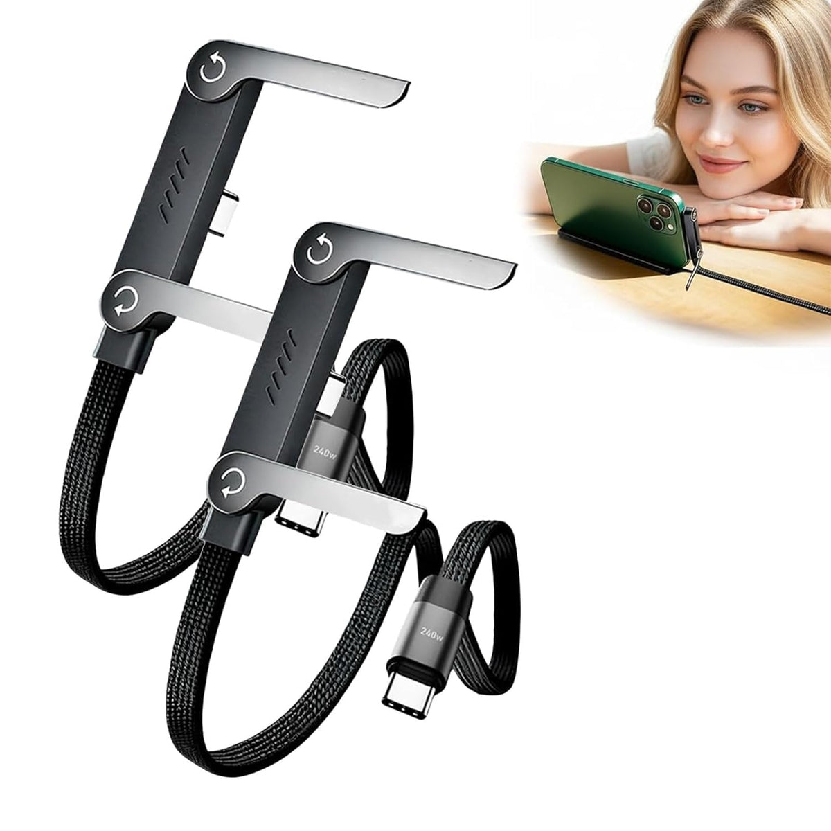 2-in-1 USB-C to USB-C 240W Fast Charging Cable with Phone Stand | 1.5M Nylon Braided Cable