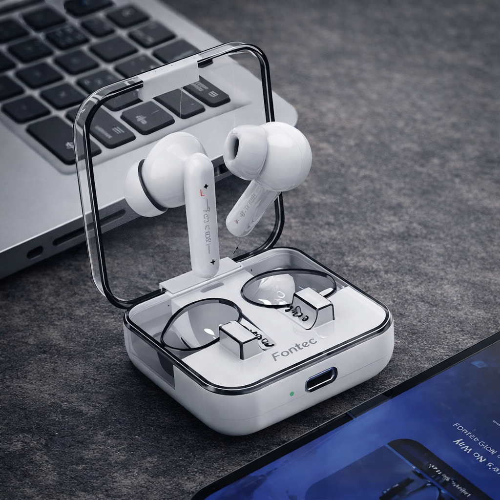 Fontec Glow Wireless Earbuds | Bluetooth 5.3 Gaming TWS | ENC Noise Cancellation | Transparent Charging Case
