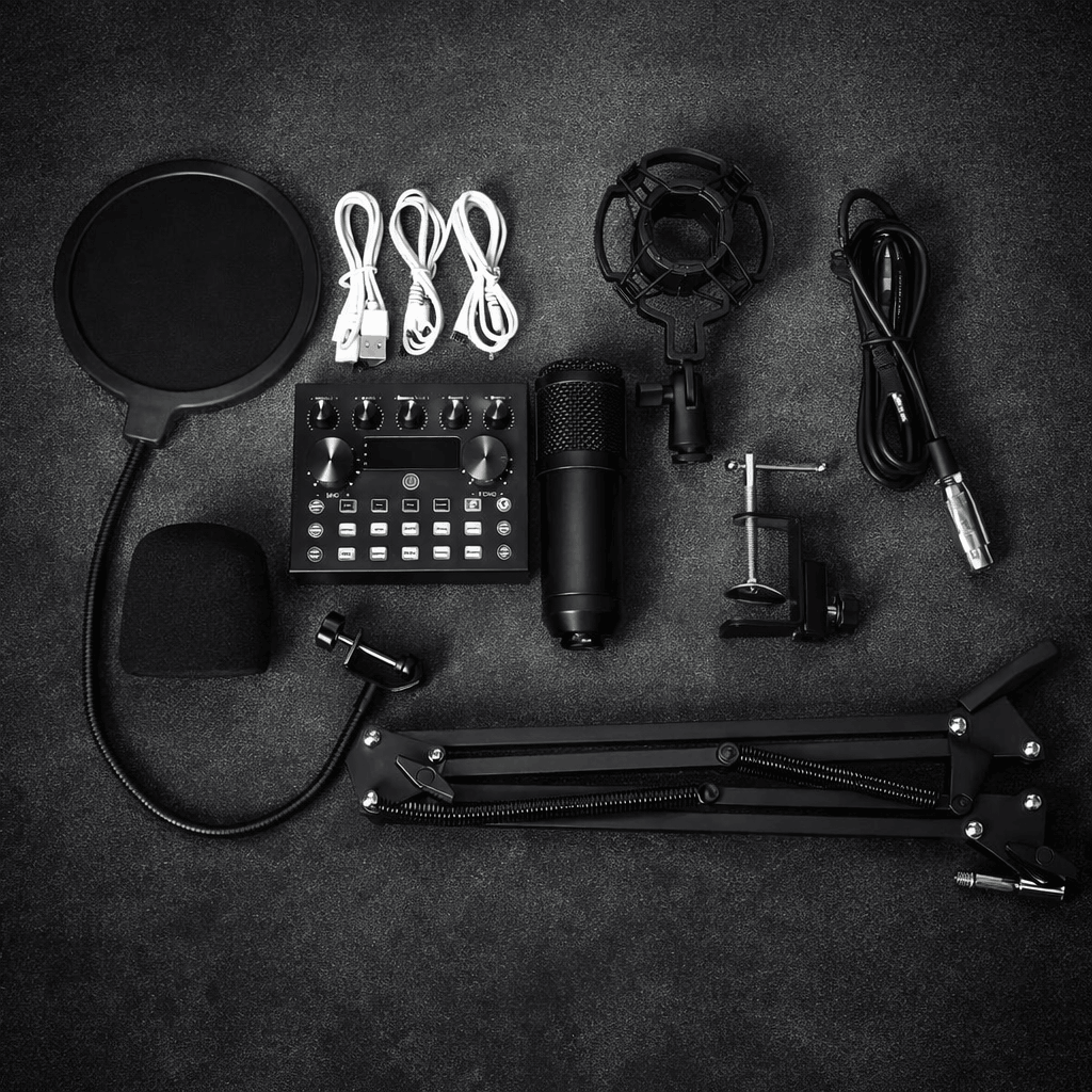 V10 BM-800 Podcast Condenser Microphone Kit | Live Sound Card | Scissor Arm Stand | Professional Recording Set
