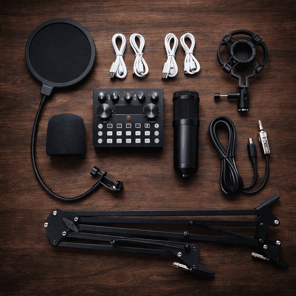 V10 BM-800 Podcast Condenser Microphone Kit | Live Sound Card | Scissor Arm Stand | Professional Recording Set