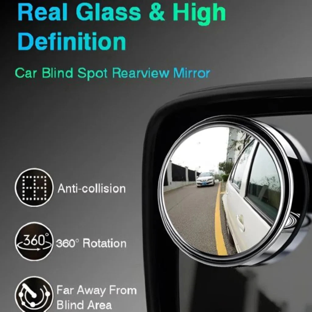 Car Blind Spot Side Mirror | 360° Convex Wide Angle Auxiliary Mirror | 2-Piece Set | Silver Frame