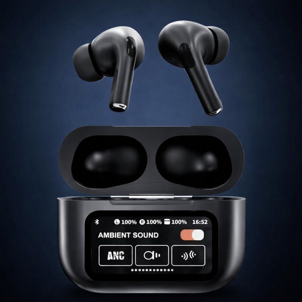 AirPods X Digital Touch Screen Wireless Earbuds | Smart Display Charging Case | Bluetooth 5.4 | Touch Control | Black