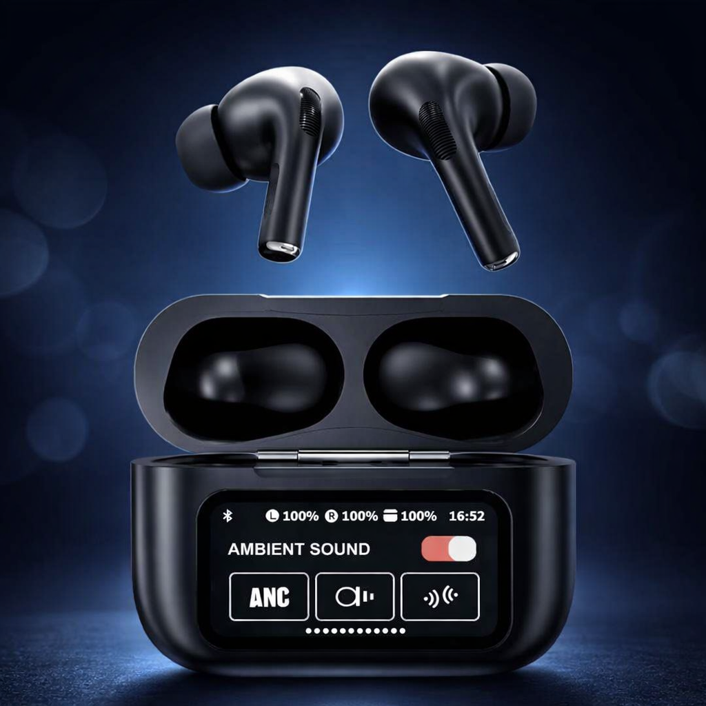 AirPods X Digital Touch Screen Wireless Earbuds | Smart Display Charging Case | Bluetooth 5.4 | Touch Control | Black