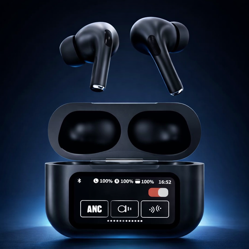AirPods X Digital Touch Screen Wireless Earbuds | Smart Display Charging Case | Bluetooth 5.4 | Touch Control | Black