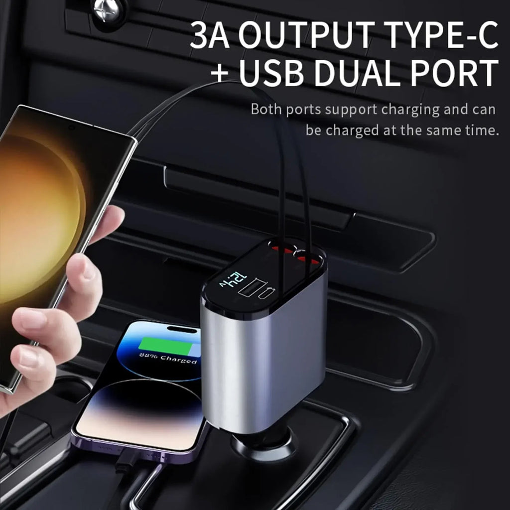 4-in-1 Car Charger 120W | Retractable Fast Charging Cable | Multi-Device Car Charger | USB Car Adapter