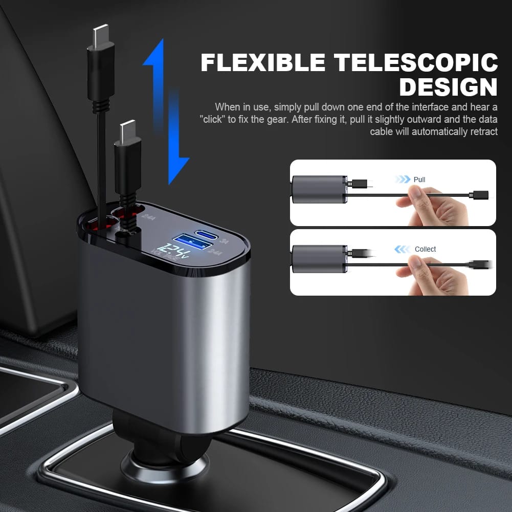 4-in-1 Car Charger 120W | Retractable Fast Charging Cable | Multi-Device Car Charger | USB Car Adapter