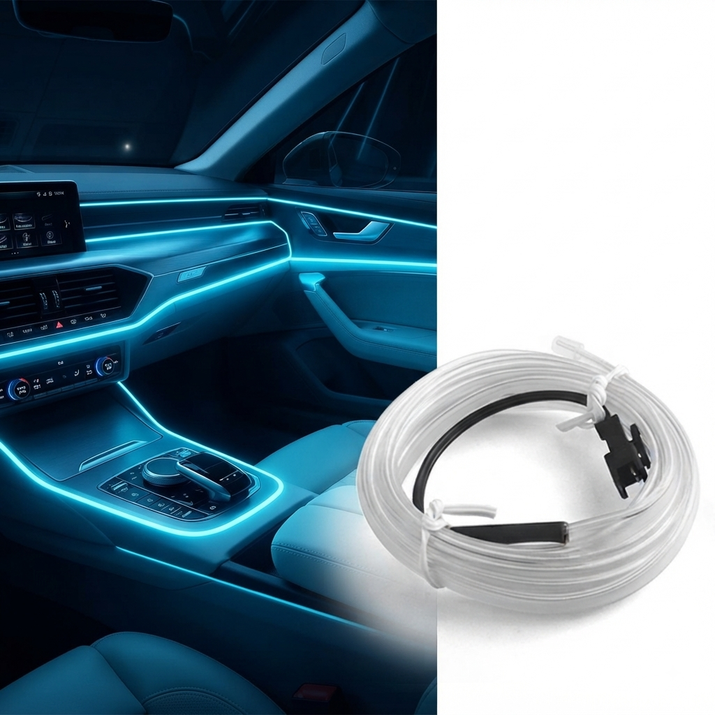 2M Flexible EL Wire Car Interior Ambient Light | Ice Blue Neon LED Strip | 12V Cigarette Lighter Powered