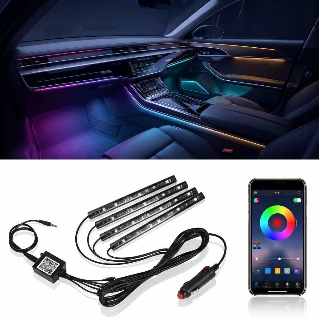Car Atmosphere Light 12 LED | Smart RGB Ambient Interior Lighting | App-Controlled Footwell Light | 12V