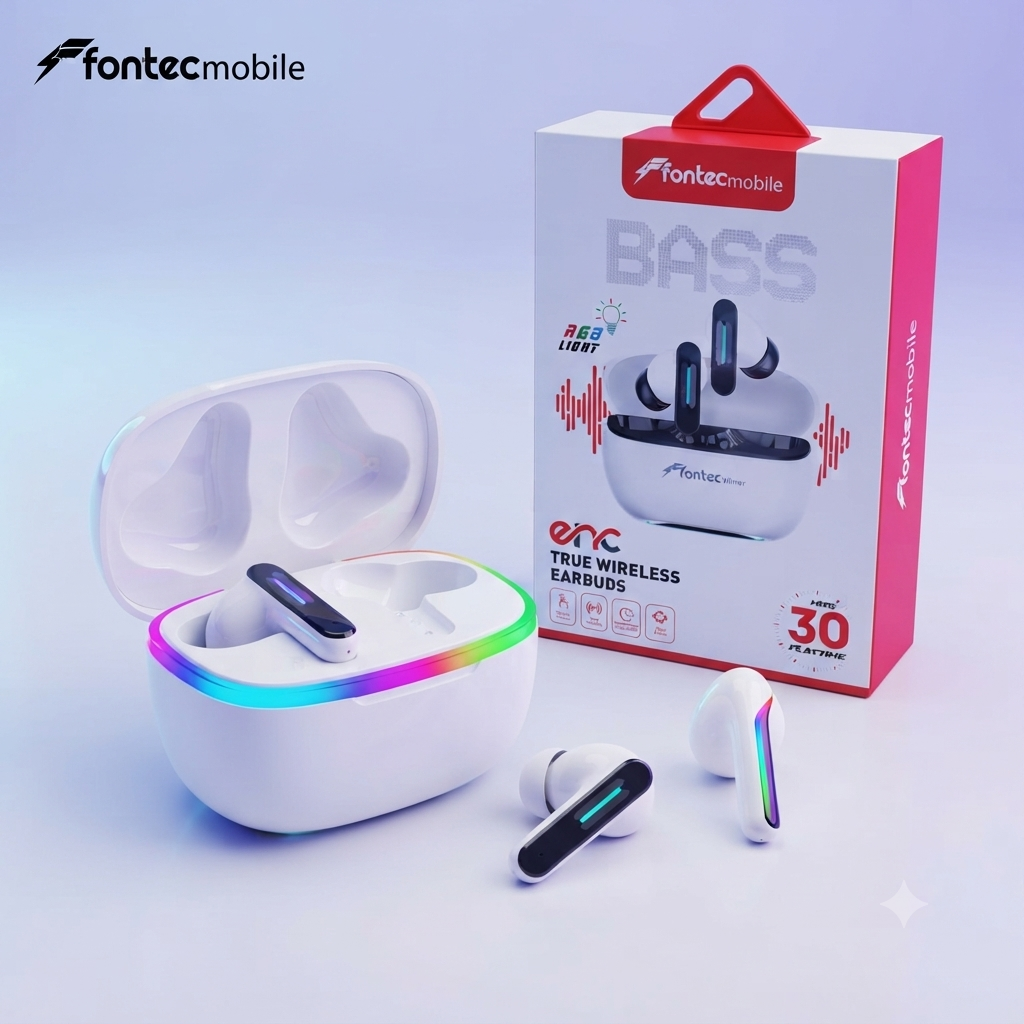 Fontec Winner True Wireless Earbuds | Bluetooth 5.3 | ENC Noise Cancellation | RGB Gaming Earbuds | 30 Hours Playtime | White
