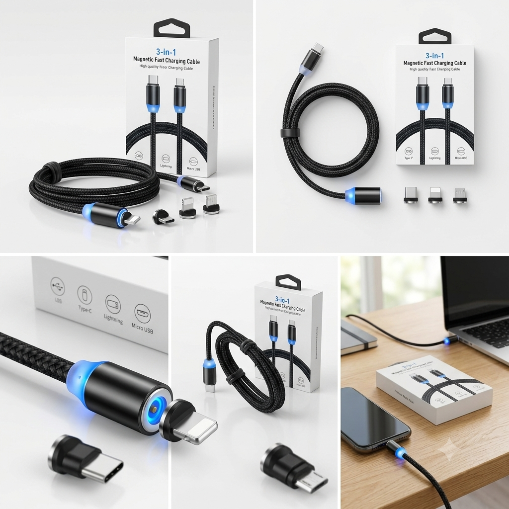 3-in-1 Magnetic Fast Charging Cable | Type-C, Lightning & Micro USB | 3A Nylon Braided LED Cable
