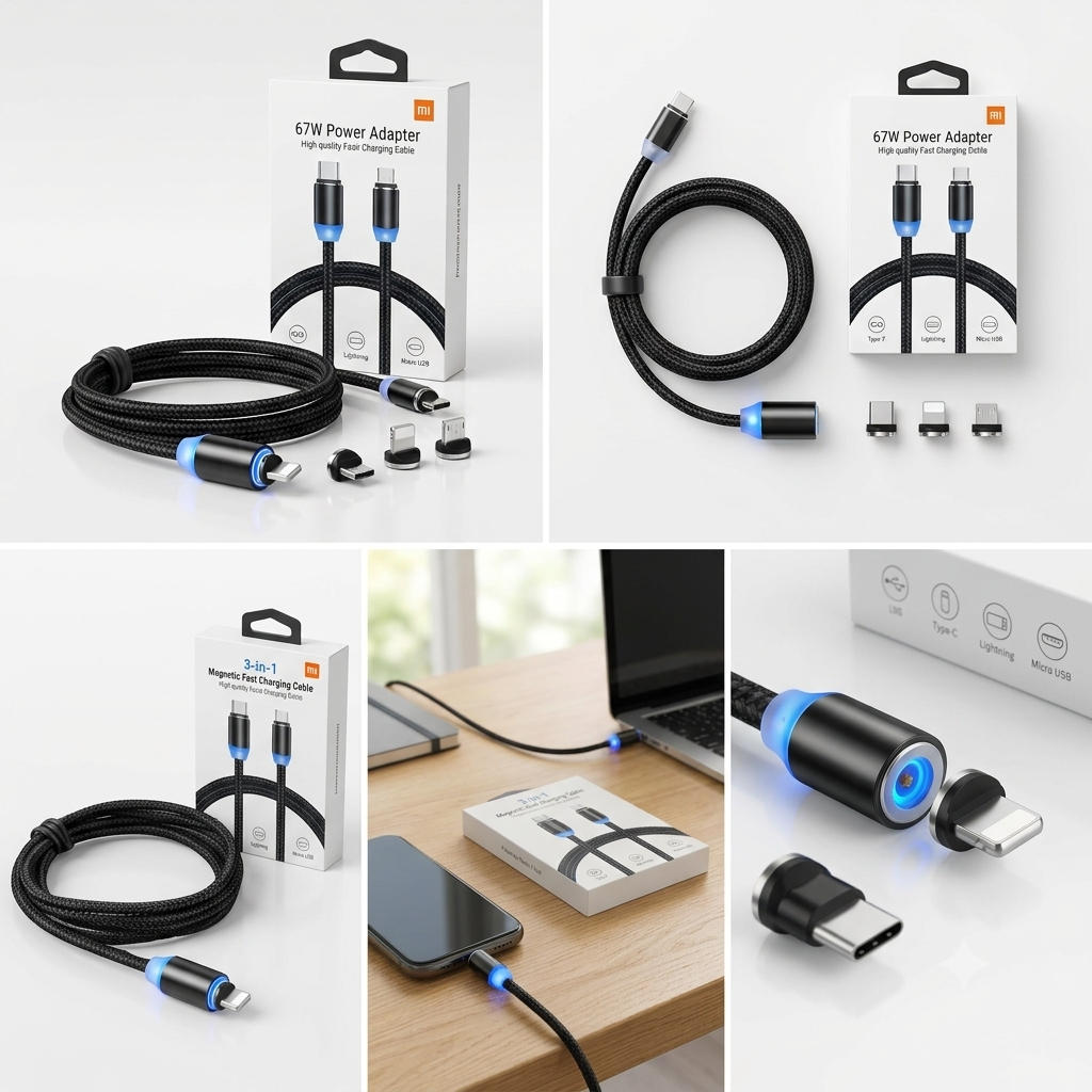 3-in-1 Magnetic Fast Charging Cable | Type-C, Lightning & Micro USB | 3A Nylon Braided LED Cable