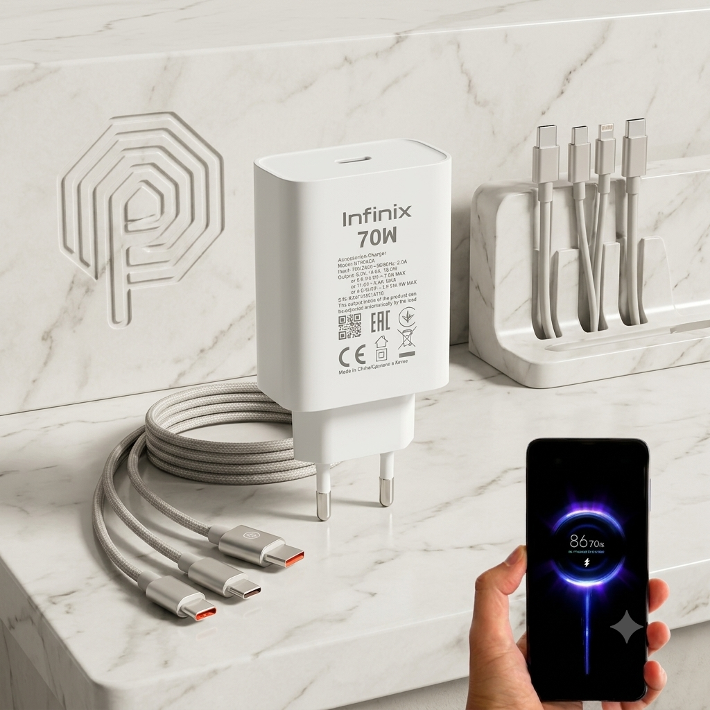 Infinix 70W USB Fast Charger with Type-C Cable | Super Fast Charging Adapter