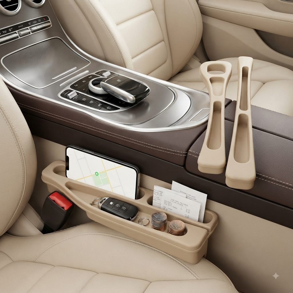 Universal Car Seat Gap Filler Organizer 2PCS | Seat Side Storage Box | Phone, Keys & Coins Holder | Beige