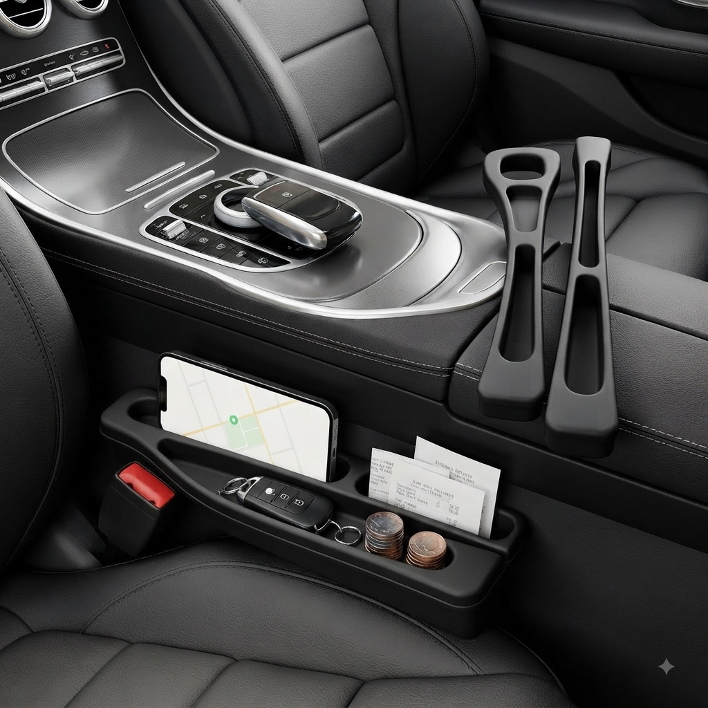 Universal Car Seat Gap Filler Organizer 2PCS | Seat Side Storage Box | Phone, Keys & Coins Holder | Beige