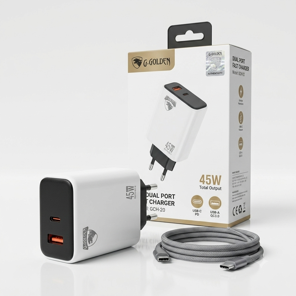 45W Dual Port Fast Charger | USB-C PD & USB-A QC3.0 Travel Charger with EU Plug